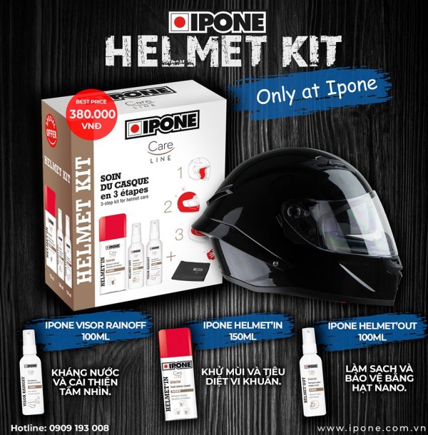 Bộ Kit vệ sinh trong và ngoài mũ, phủ nano chống bám nước mưa cho kính mũ bảo hiểm – IPONE Helmet Kit