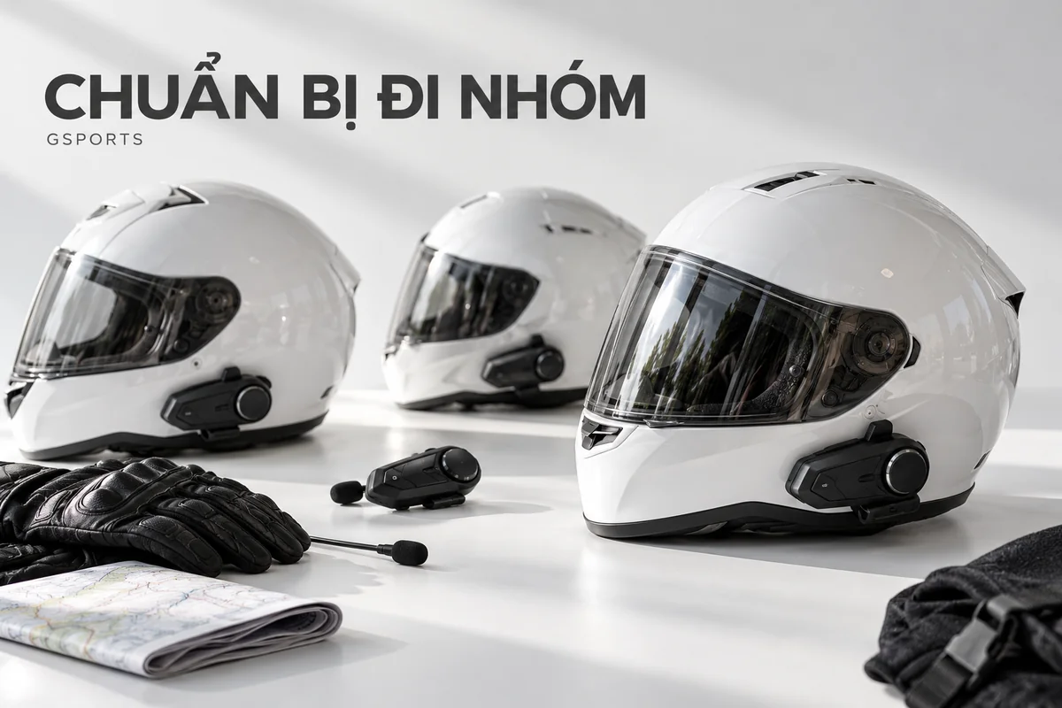 Ba mũ fullface trắng và găng tay được bố trí trên bàn studio