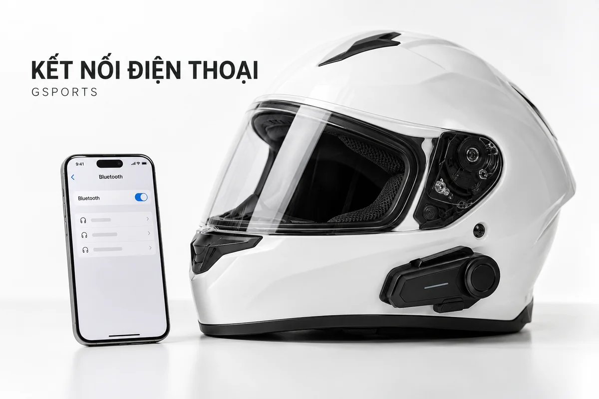 Điện thoại đặt cạnh mũ fullface trắng có bộ liên lạc minh họa