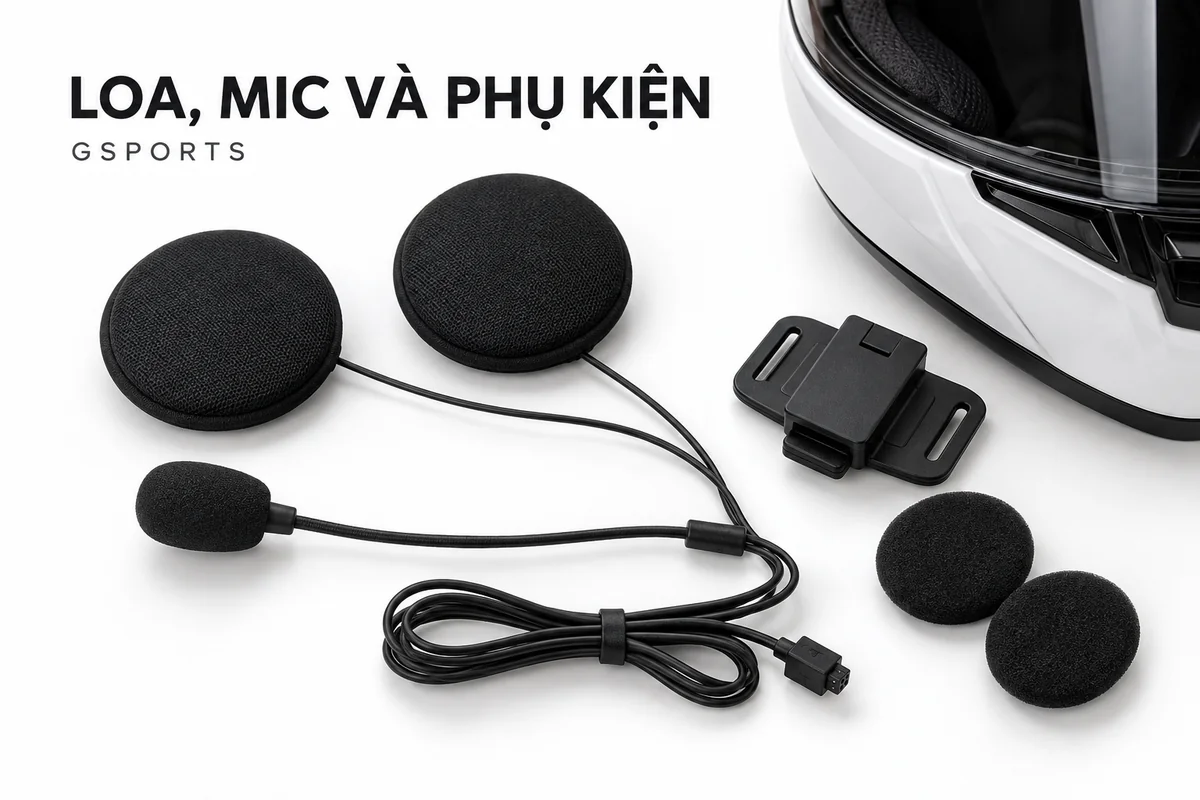 Loa tròn, micro có bọc mút, dây kết nối và đế gắn trên bàn trắng